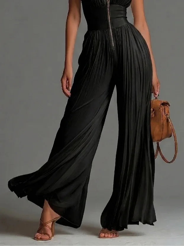 White Pleated Neck Women's Jumpsuit Long Wide Leg Fashionable Sexy Pleated
