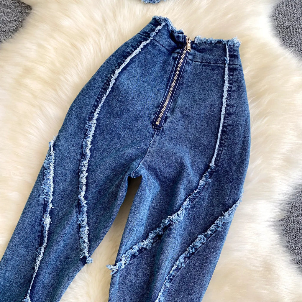 Two Pieces Women Pant Set Denim Matching Set Solid Camisole Sleeveless Top Zipper Fly Empire Waist Full Length Pants 2026 Summer