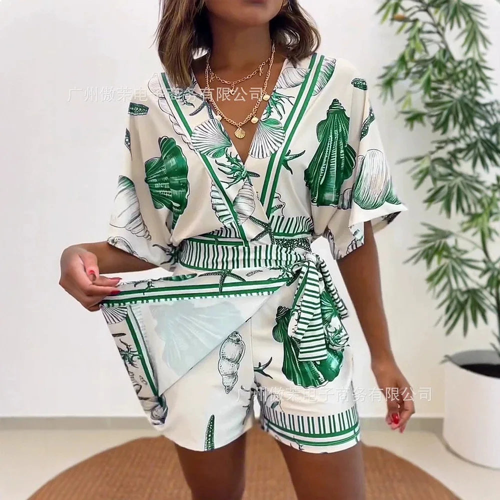 Women V Neck Beach Printed High Waist Stretch Jumpsuit Shorts Overall Playsuit