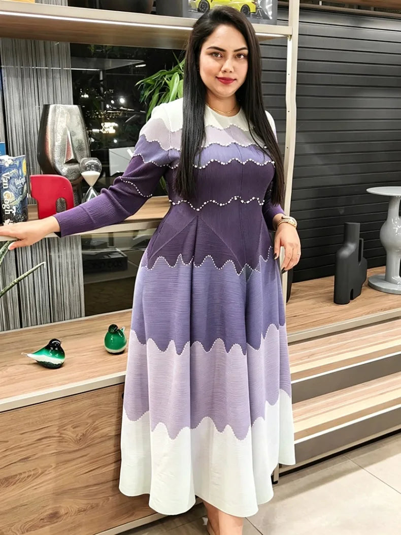 EGRM Pleated Party Dress Women's High Quality Beaded Color Block Long Sleeve Loose Fit Flared Maxi Evening Dresses 9R5303