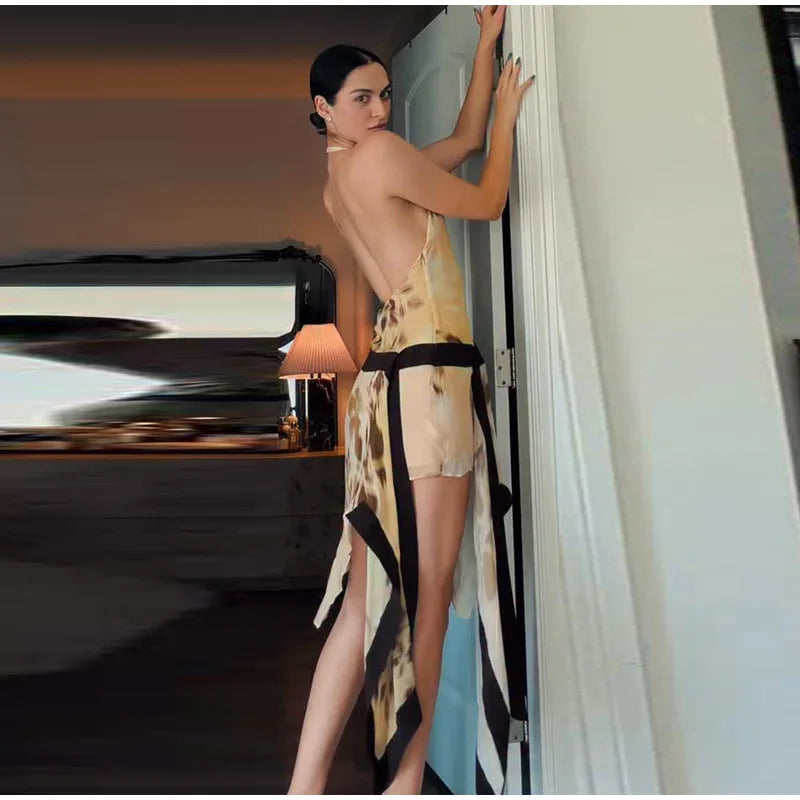 Yellow Brown Tie-Dye Midi Dress Print Halter Neck Open Back Asymmetric Hem Chiffon Dresses 2026 Party Women Fashion Chic Outfit