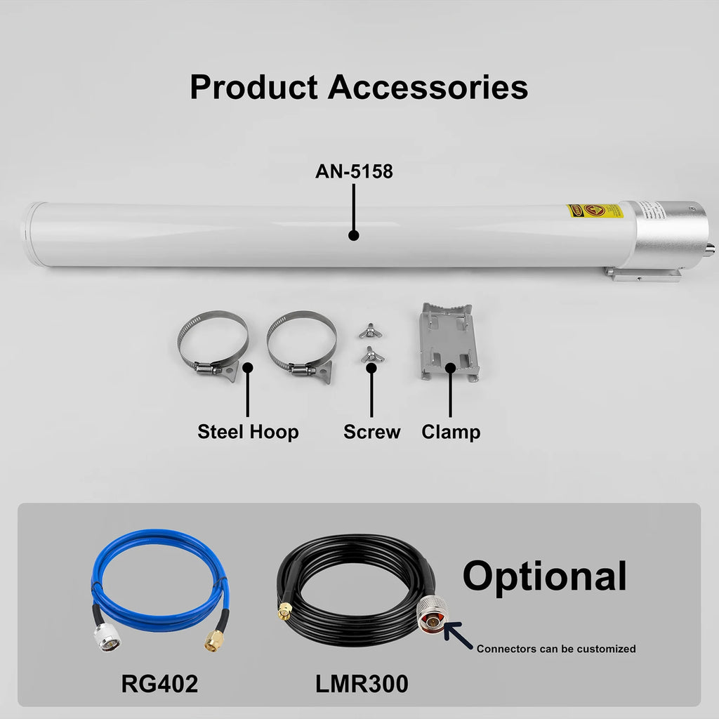 AN-5158 Outdoor WiFi Fiberglass Antenna 5.1-5 GHz 2x2 MIMO Omnidirectional 13dBi 5G Antenna for Rooftop/Tower Installation