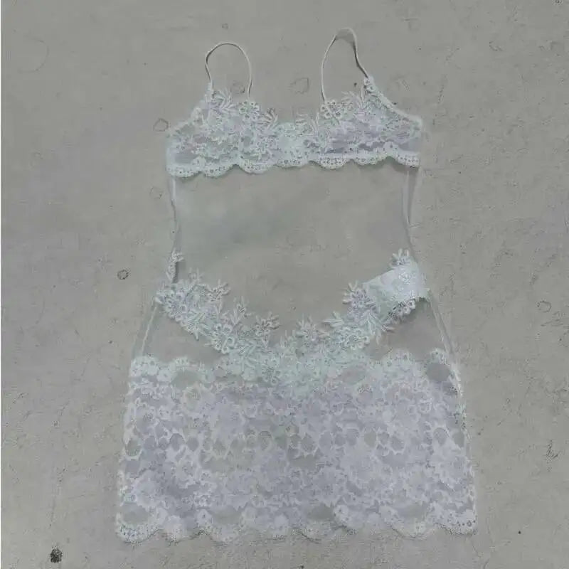 Lace Transparent Mini Dress For Women's Shestyle Embroidery Flower Mesh Transparent Flare Outfits Prom Nightwear Club Long Dress