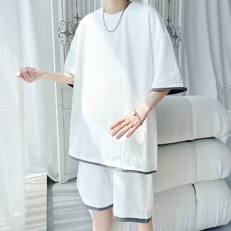 Men's Solid Color 2-Piece Outfit Short Sleeve T-Shirt & Drawstring Elastic Waist Shorts Set Casual Lounge & Streetwear Clothing