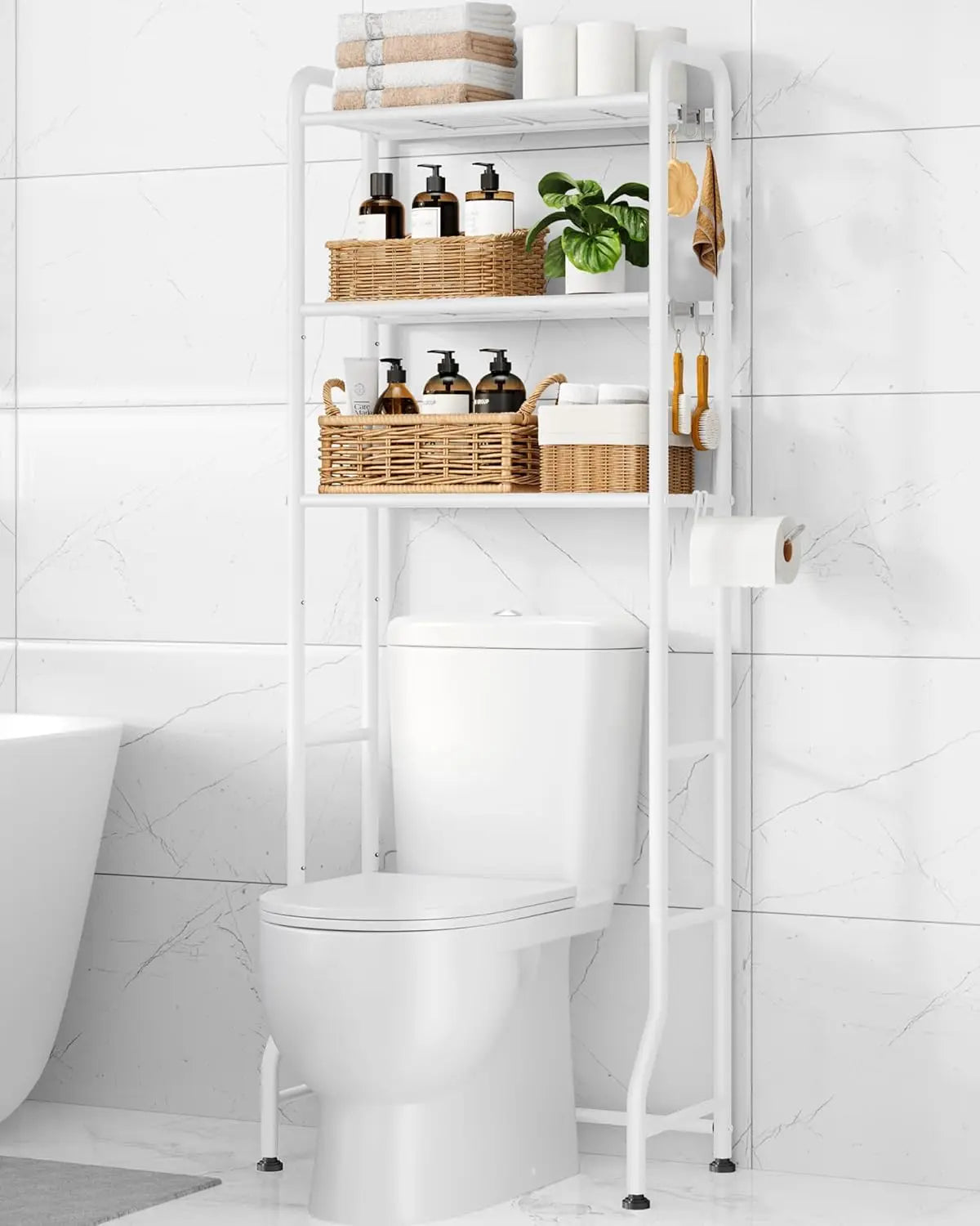 Over Toilet Storage Rack - 4 Tier Metal Bathroom Organizer Shelf with Paper Holder and Hooks, Black