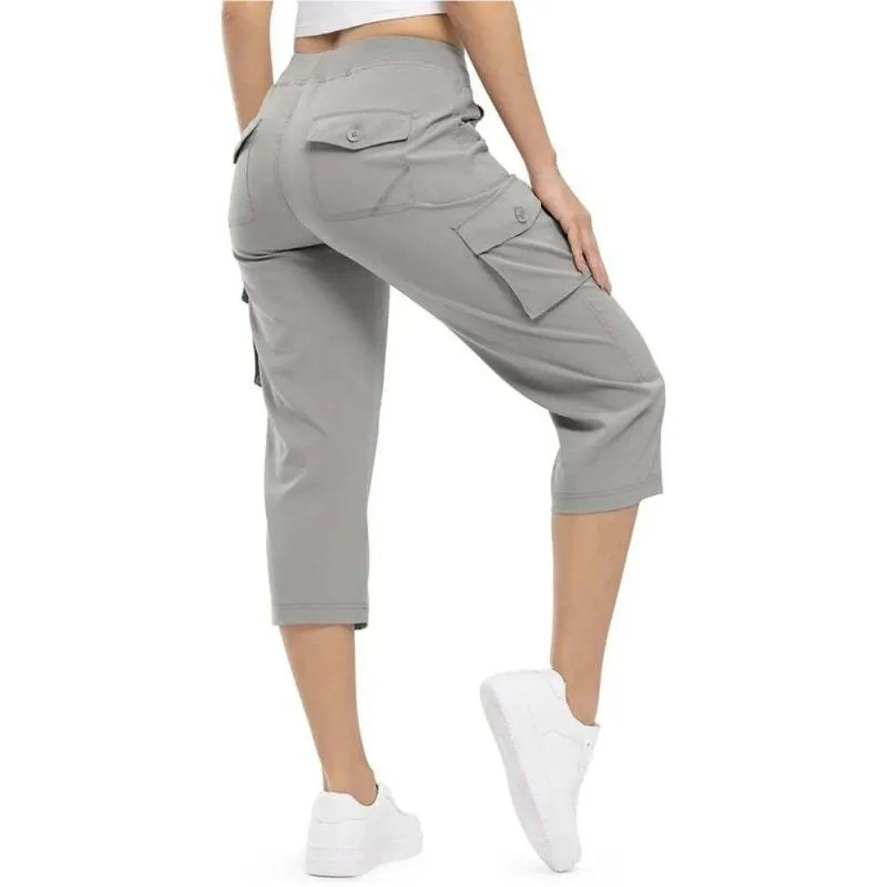 Quick Dry Fabric Women’s Hiking Pants Lightweight Feel Elastic Waistband Capri Pants Multiple Pockets Cropped Length Cargo Pants