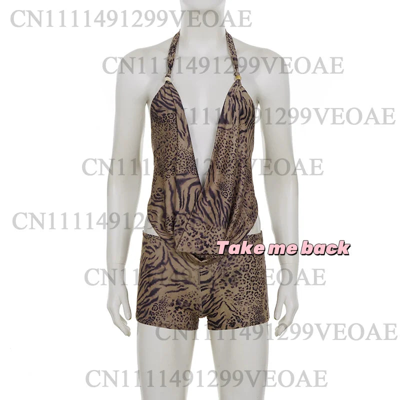 2026 Woman Leopard Print 2 Piece Set Outfit Halter Deep V-neck Backless Crop Top & Low-Rise Shorts Sexy 2pcs Summer Clothes