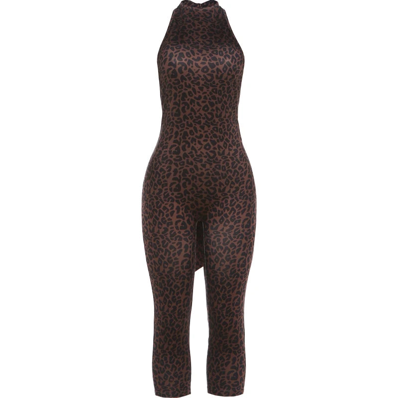 Weird Puss Sexy Leopard Print Romper Women Hottie Trend Halter Backless Bandages Sleeveless Fashion Midnight Street Playsuits