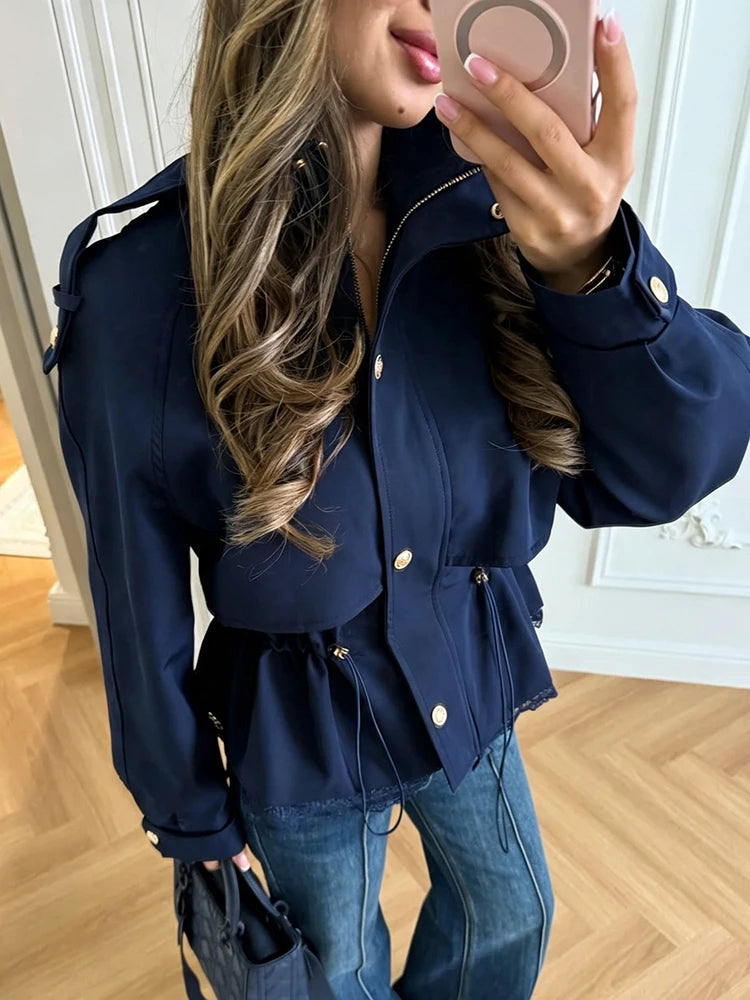 Women Lace Hem Cropped Trench Jacket Stand Collar Epaulet Button Closure Drawstring Waist Side Windbreaker Coat Ladies Outerwear