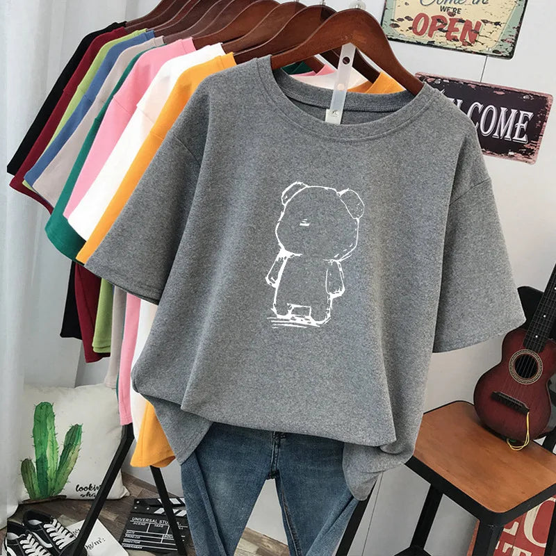 plus Size Women's Cotton T-Shirt Loose Fit Short Sleeve round Neck Print Design Comfortable Casual Style Korean Fashion