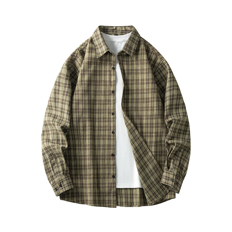 Men Shirt Plaid Flannel Retro Long Sleeve Oversized Loose Cotton Casual Male Youth Design Soft Fall Black Formal Dress Shirt