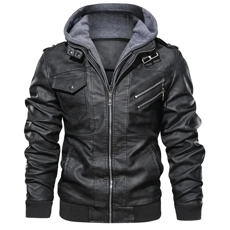 New Men's Hooded Leather Jackets Autumn Winter Casual Zipper Motorcycle PU Jacket Biker Leather Coat Hat Detachable Punk Outwear