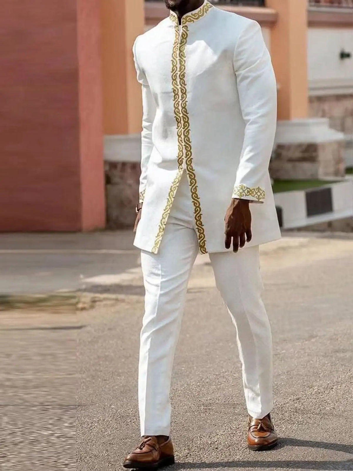 Kaftan Elegant Men's Suit Long Sleeve Ethnic Style Casual EmbroideryTop And Pants 2PCS Sets African Fashion Traditional Outfits
