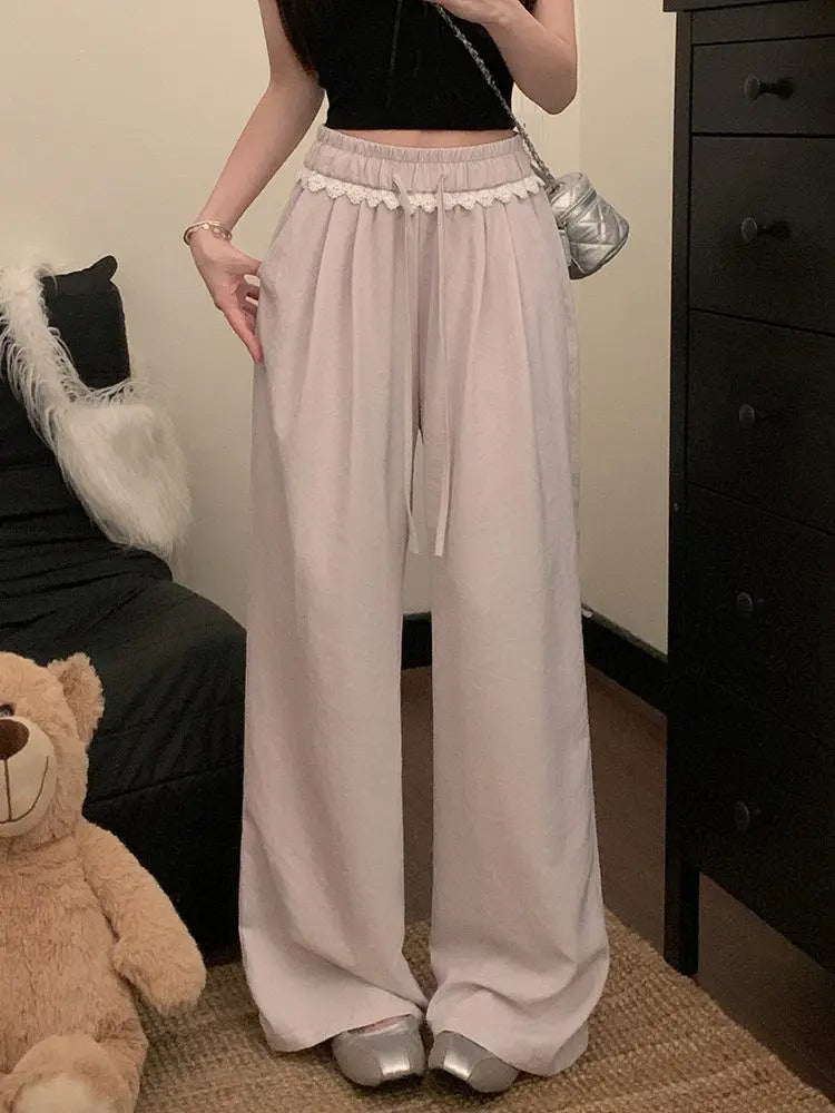 Women Lace Trim Wide Leg Pants Elastic Drawstring Waist Loose Casual Trousers Multiple Colors