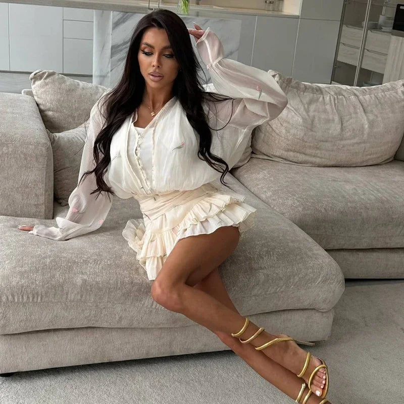 Elegant Printed Women's Dress Long Sleeve V-Neck Ruffle Waist-Closed Lady Mini Dresses 2026 Summer Female Vacation Robe New