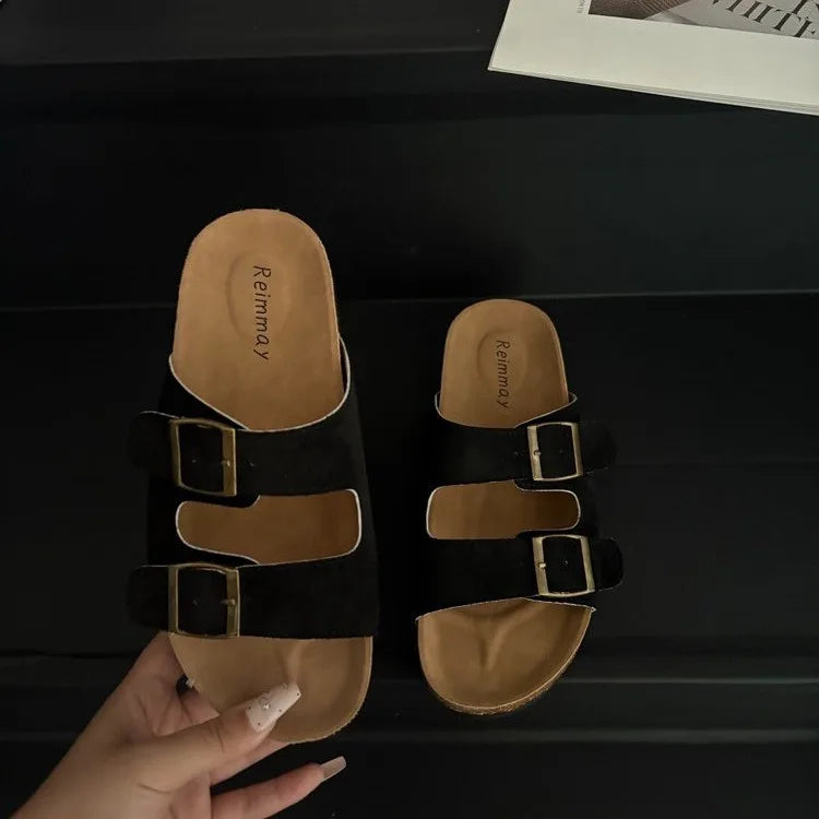 Aphixta Cork Clogs Slippers For Women Classic Suede Summer Sandals Fashion Outdoor Beach Shoes With Adjustable Metal Buckle
