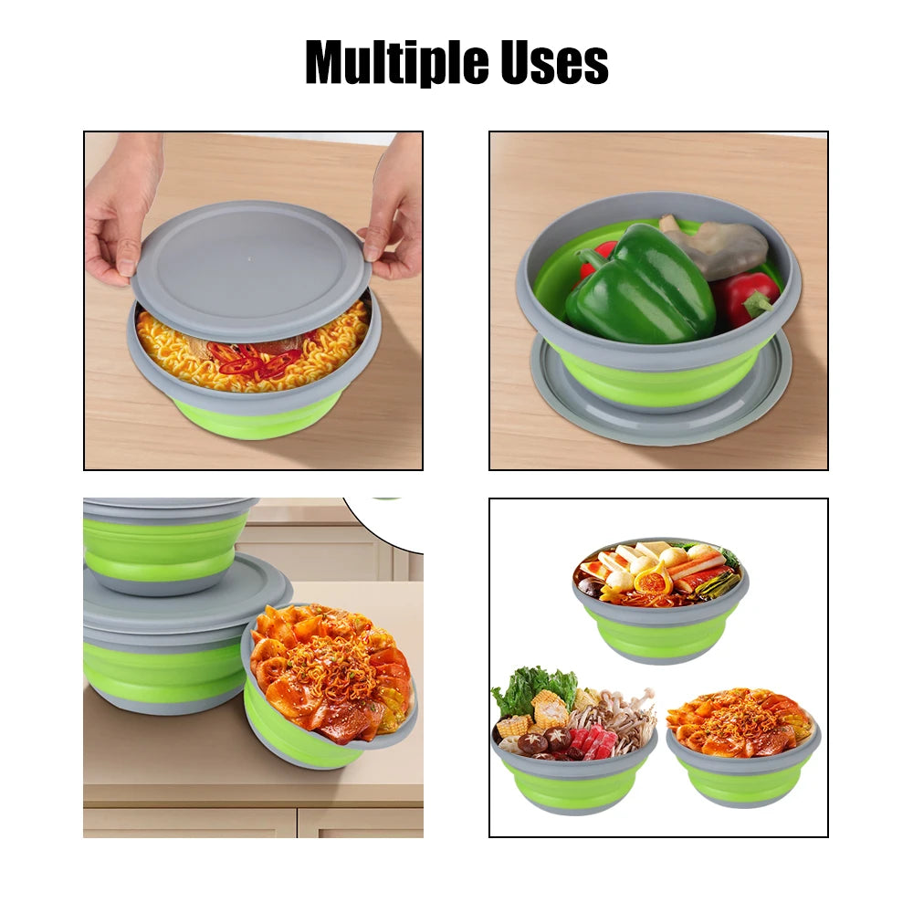 Folding Lunch Box Bowl Sets Silicone 3Pcs/Set Food Container Tableware Set Foldable Salad Bowl with Lid Portable
