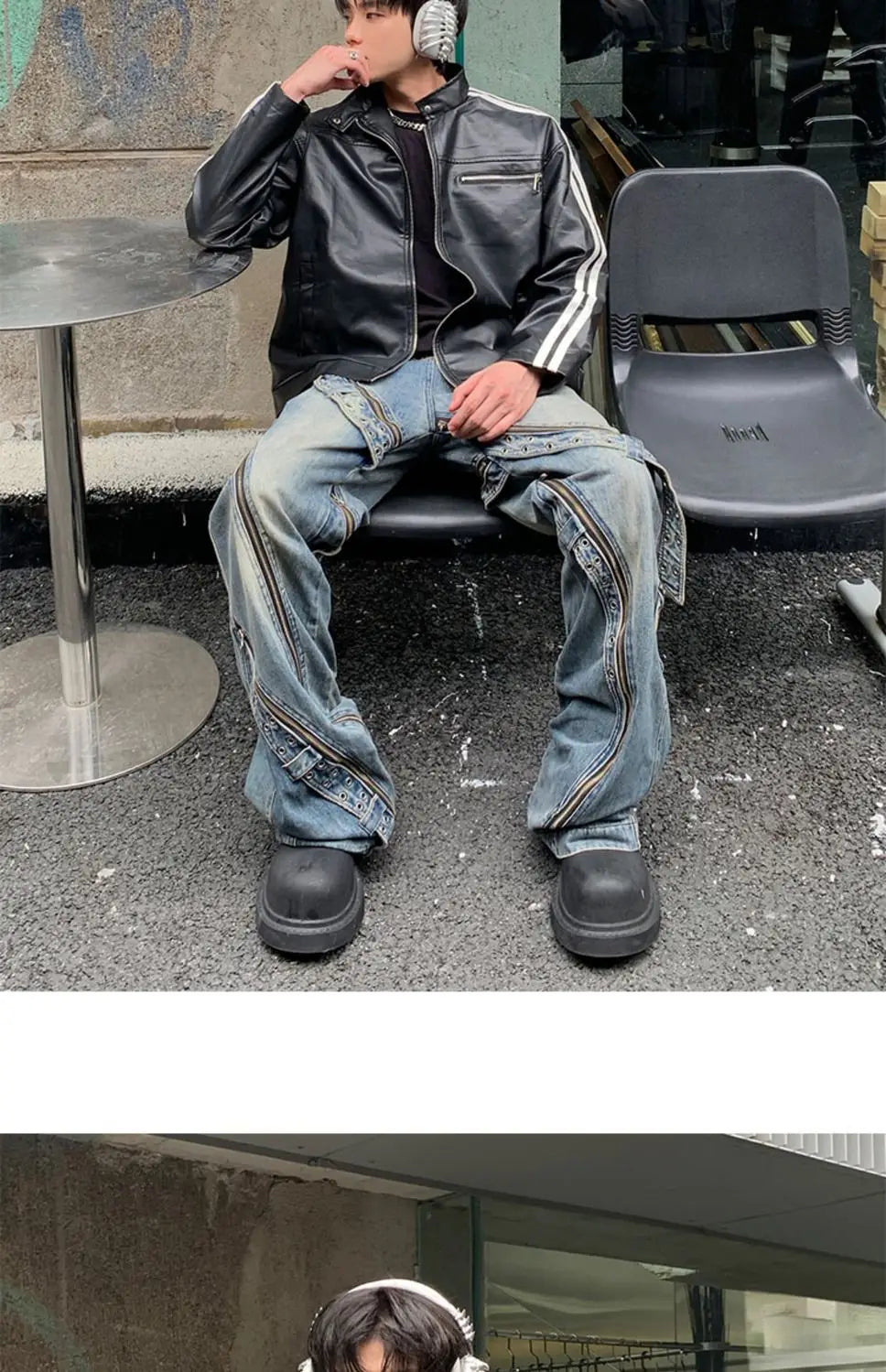 Youth Men's Biker Jacket Patchwork Stripes PU Leather Coat Stand Collar Zipper Long Sleeve Loose Fit Spring Autumn