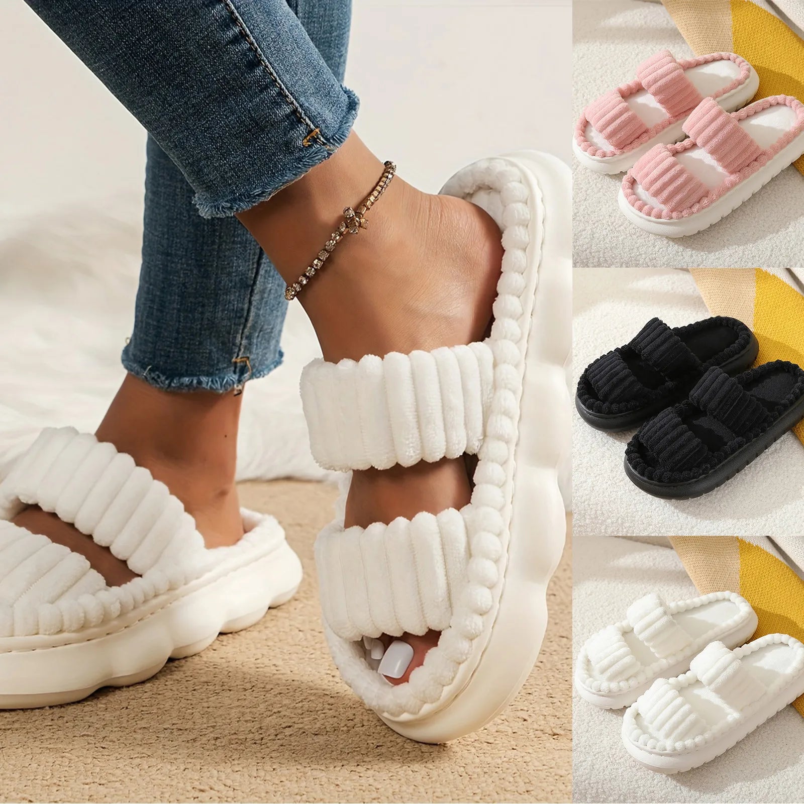 Fashion Women Winter Slipper Corduroy Double Strap House Warm Plush Flat Slippers Autumn Woman Light Comfort Indoor Slipper