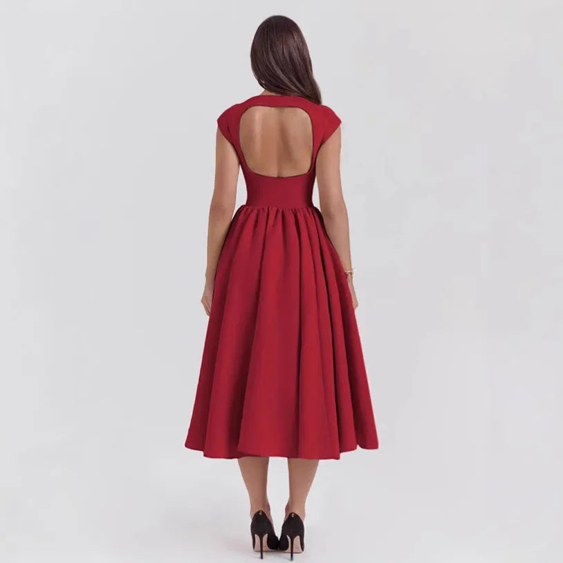 Summer Women Backless A-line Sexy Maxi Dress Gown Solid Hollow Out Sleeveless High Waist Club French Style Pleated Dress
