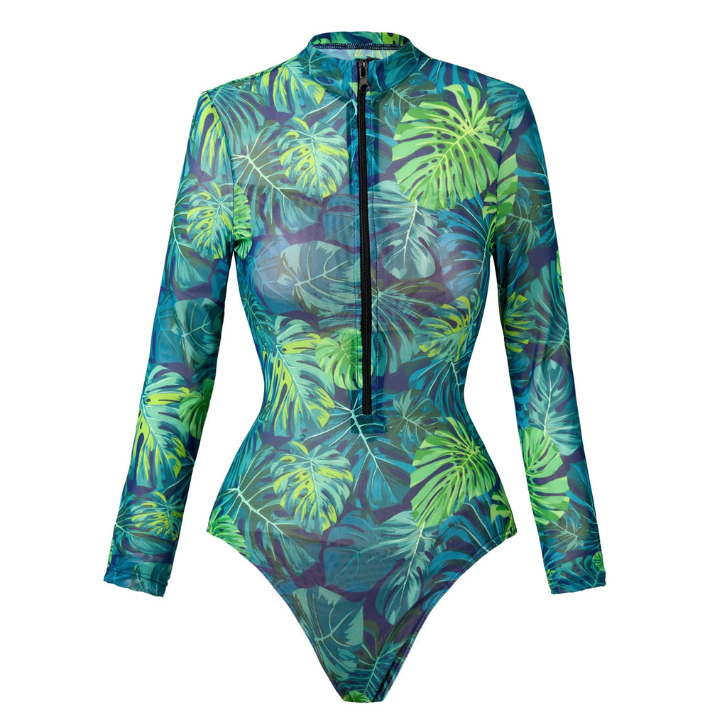 NEW Print Patchwork Sports Swimsuit for Women,Long Sleeve Zipper Conservative Bikini Monokini,beach Vacation Suit 2025