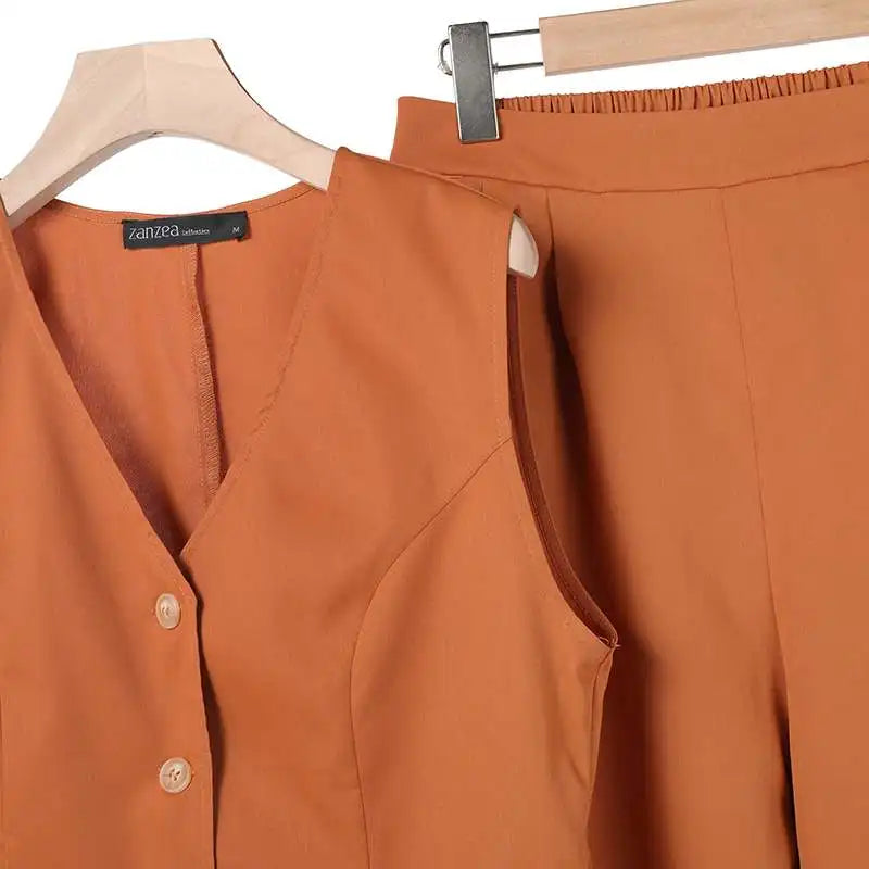 ZANZEA 2026 Women's Two-Piece Sets Wide Leg Pants & Vest Tops Summer Elegant Casual Pant Suits Outfits Office Work Plus Size 5XL