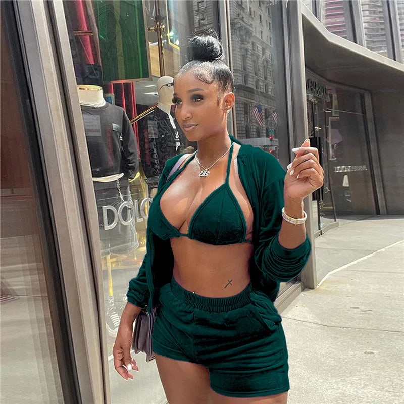 Velvet Tracksuit 3 Piece Set Women Fall Outfits Zipper Hoodies Jacket + Bra + Shorts Sets Sporty Matching Sets Jogging Femme