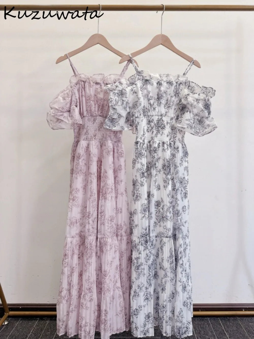 Kuzuwata Fairy Lovely Mesh Ruched Patchwork Robe Mid-length Puff Sleeve Off Shoulder Slim Mujer Japan Print Pleated Fresh Dress