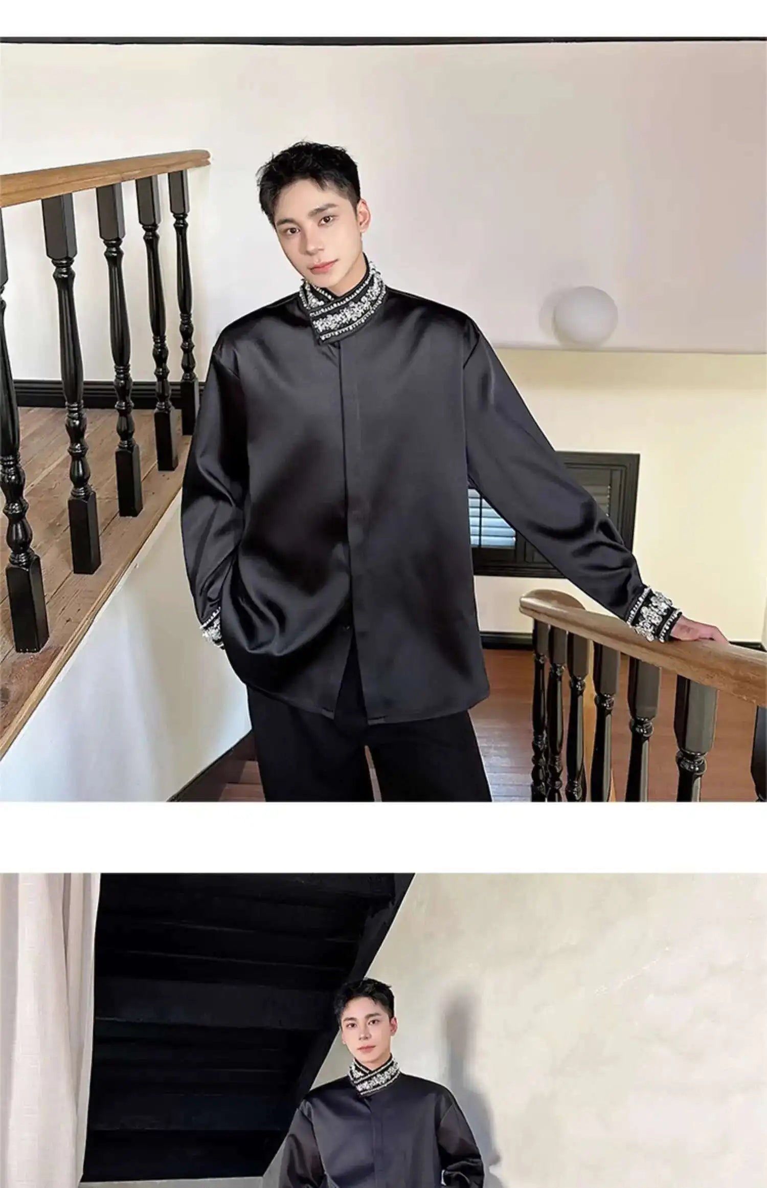 PFHQ Diamond Decoration Satin Long Sleeve Male Shirts Stand Collar Solid Color Single Breasted Men's Wear 2025 New Fashion9C7199