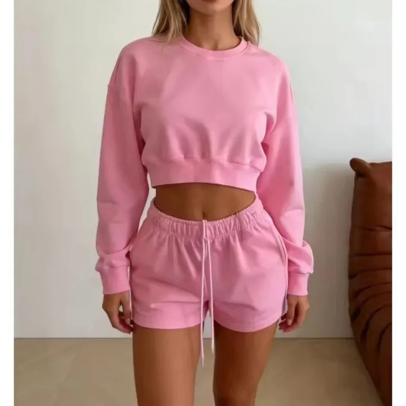 spring summer Womens Round neck long sleeve Sweatshirt Two Piece Set Casual Sweatshirt+shorts suit Daily Womens Tracksuit