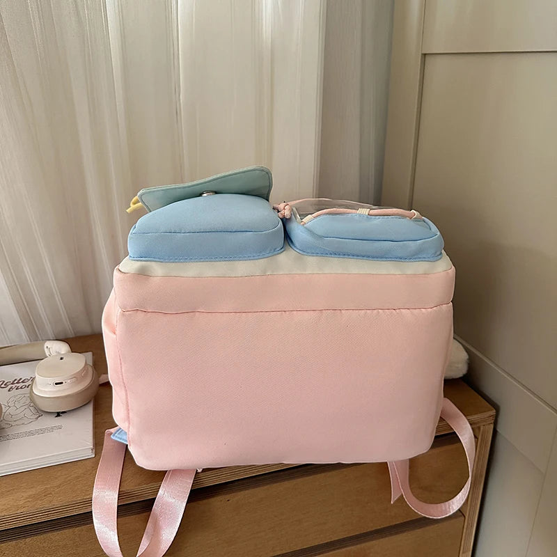 Women's Pastel Color Block Backpack Clear Display Pockets Plush Charm Bow Detail Adjustable Strap Casual Daily Itabag School Bag