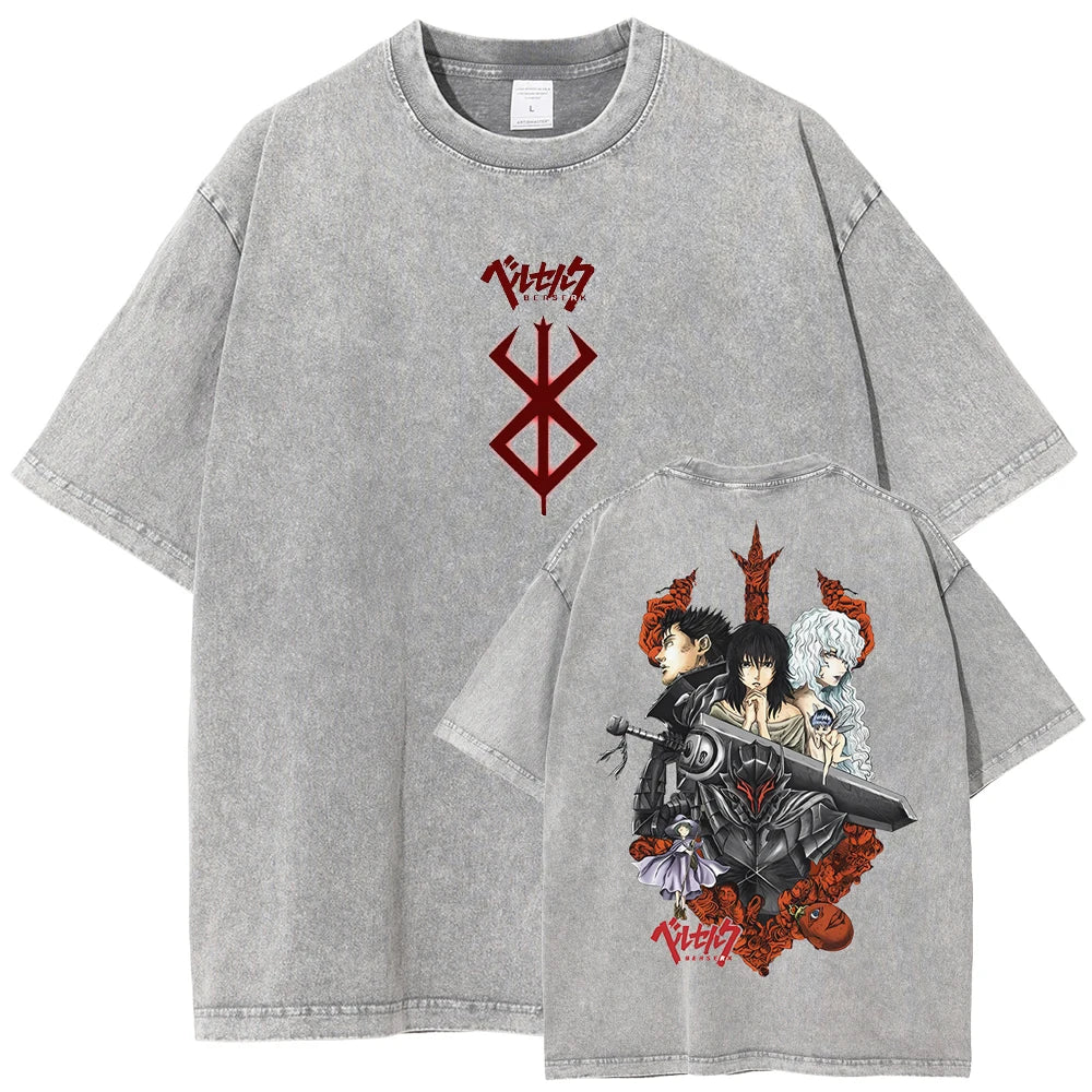 Berserk Guts T Shirt Manga Griffith Printed  T-shirt Men Unisex Clothes Street Vintage Washed Tshirt Short Sleeve Cotton Tees