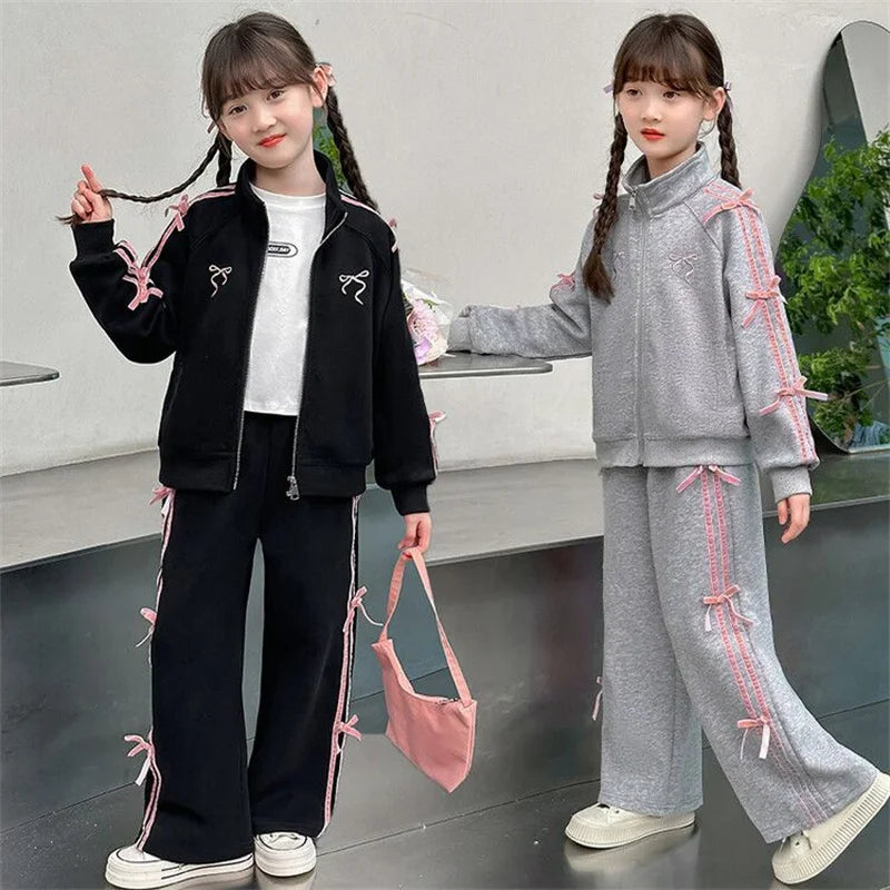 Girls Casual Sets Children Spring Autumn Sports Suits Kids Long-sleeved Jacket+Pants 2Pcs Outfits 2025 Teenager New Bow Clothes