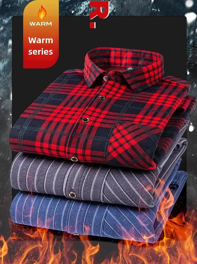 Men's Long Sleeved Shirt With Fleece Lined Winter Thickened Flannel Casual Plaid Stripe Daily Slim Man Clothes Plus Size 8XL 7XL