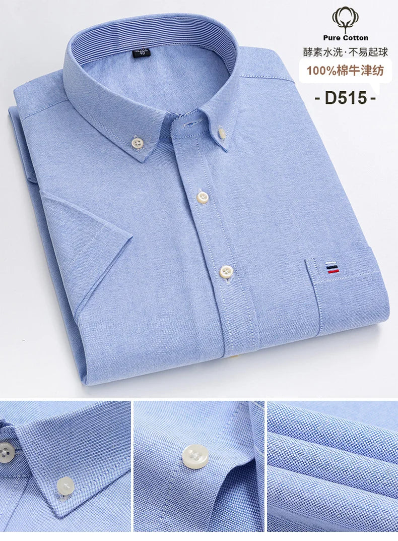 100%Pure Cotton Oxford Men's Shirts Short Sleeve Plaid Soft Regular Fit Formal Dress Shirt Social Blouse Male Clothes 6XL 7XL