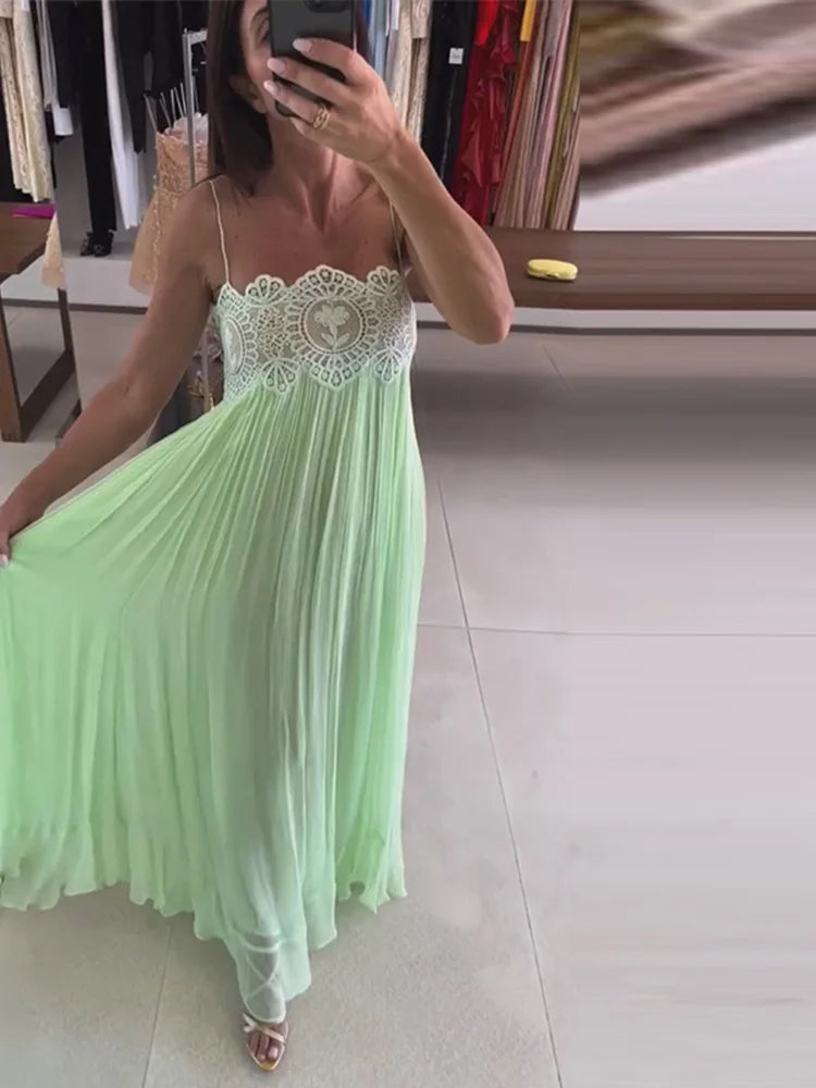 Lace Patchwork Pleated Slip Long Dress Women Sexy Spaghetti Strap Sleeveless Backless Loose Evening Dresses Chic Ladies Vestidos