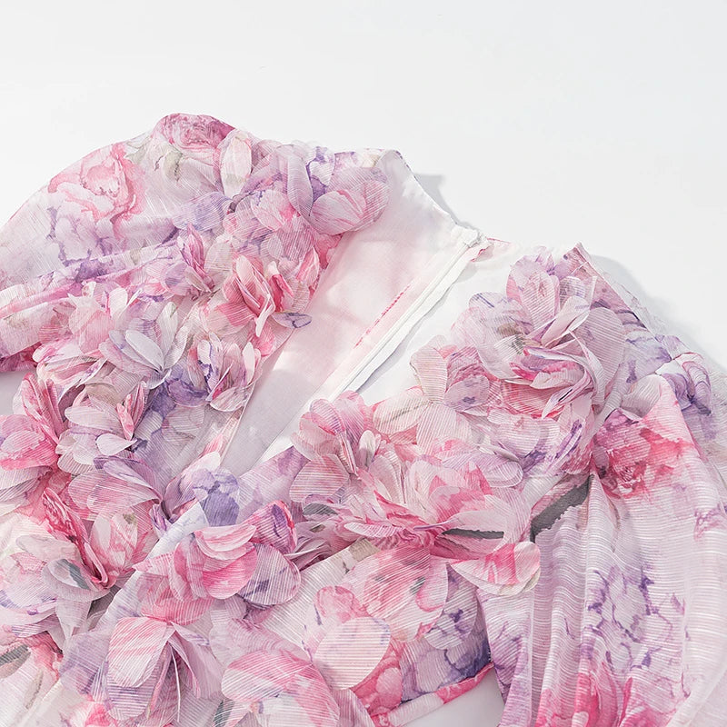 FSMG Sweet Pink 3D Flower Big Puff Sleeve V Neck Dress Fashion French Style High Waist A-line Mini Sexy Short Skirt Evening Robe