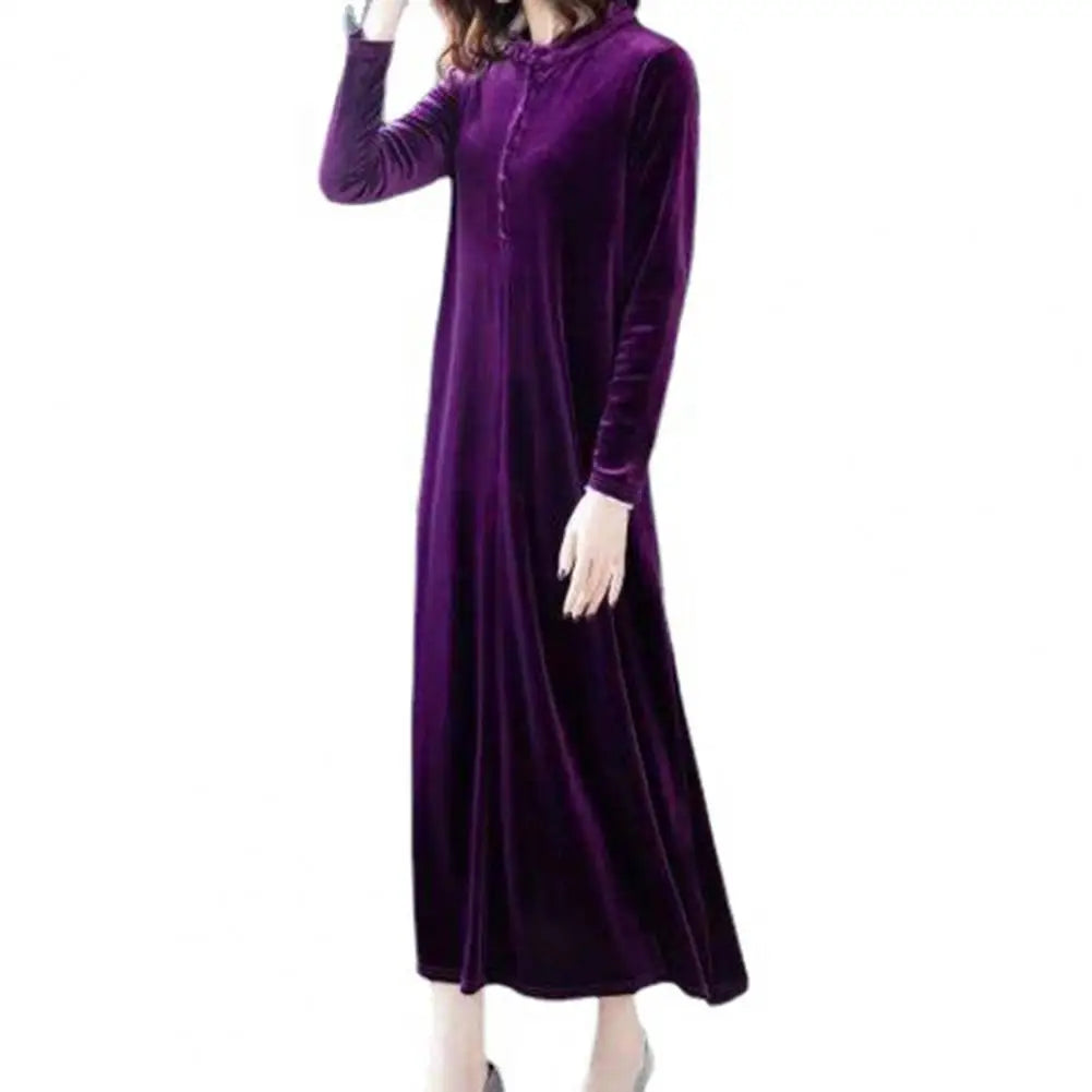 Women Fall Dress Solid Color Loose Long Sleeves Button Maxi Dress Keep Warm Velvet Mom Spring Dress Women Clothes