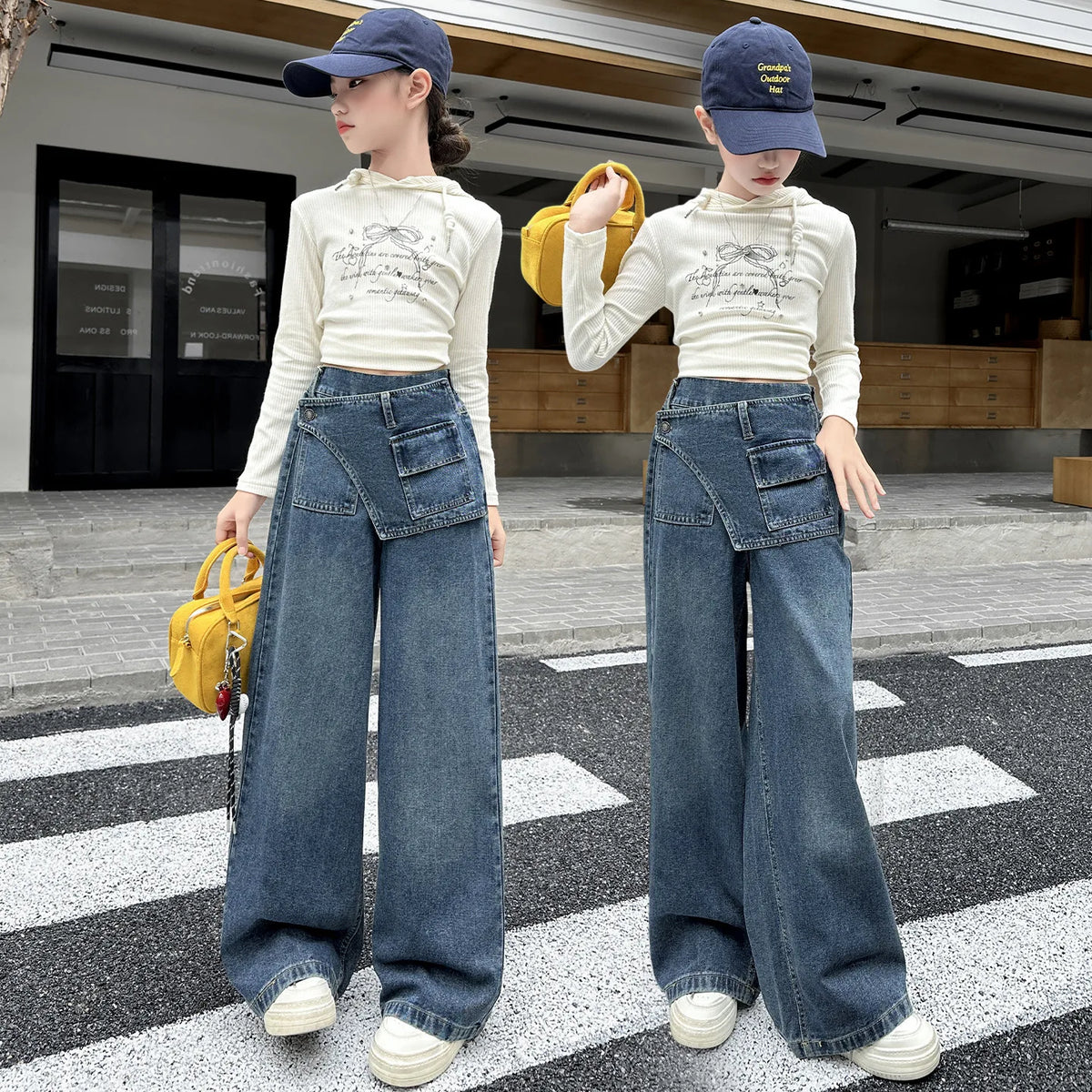 Girls' fart curtain jeans spring autumn new style teens children's straight tube loose wide leg pants retro blue casual pants