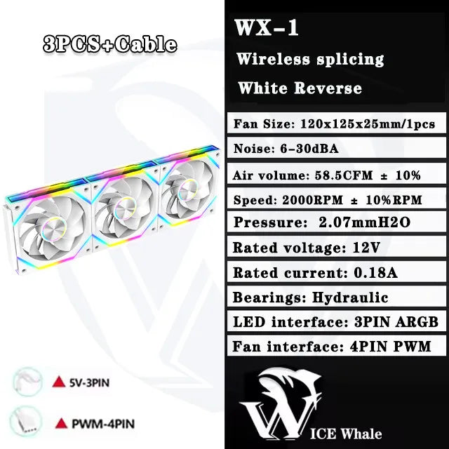 ICE Whale WX-1 Wire-Splicing PC Case Cooling Fan ARGB Mirror Cycle Light Effect 800-2000RPM PWM Water Cooling 360mm Cooler Fan