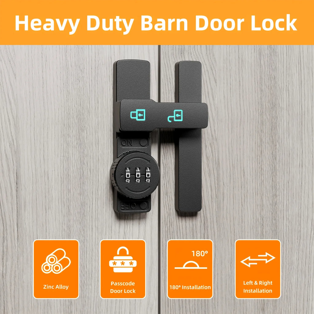 Password Door Lock and Deadbolt, 180 Degree Sliding French Barn Door Lock with 3 Digit Combination Lock, Keyless Cabinet
