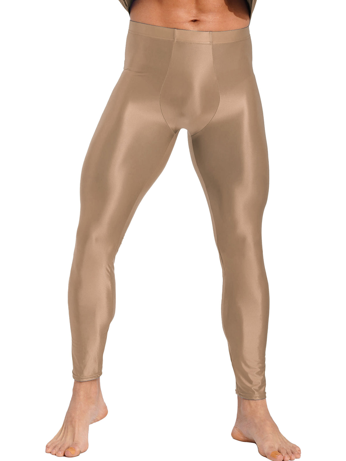 Men Elastic Waistband Skinny Shiny Yoga Tights Pants Solid Color Leggings Exercise Running Gym Fitness Training Sportswear
