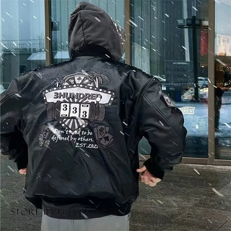 European American Motorcycle Leather Jacket Unisex Embroidered Baseball Jacket Retro Imitation Leather Jacket Coat Streetwear