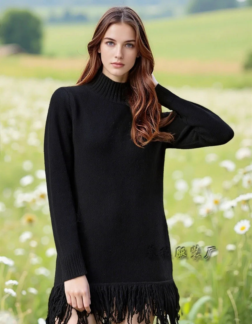 Knitted Dresses 2025 Woman High Neck Vestidos Tassel Sweater Pulls Femmes Keep Warm Homewear Solid Color Temperament Commuting