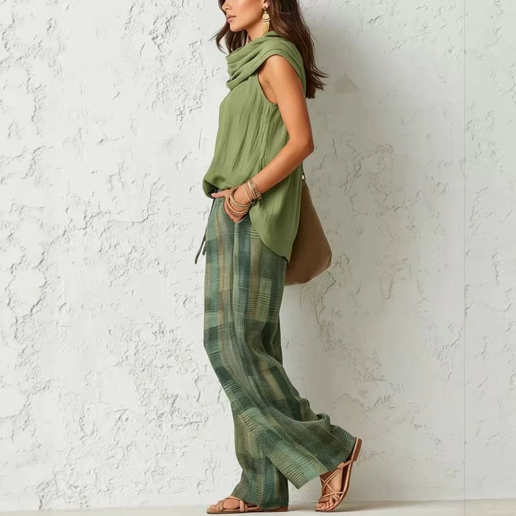 Women’s Casual Pants Set Sleeveless Draped Neck Top and High Waist Plaid Wide Leg Trousers 2 Piece Suit for Office Vacation Club