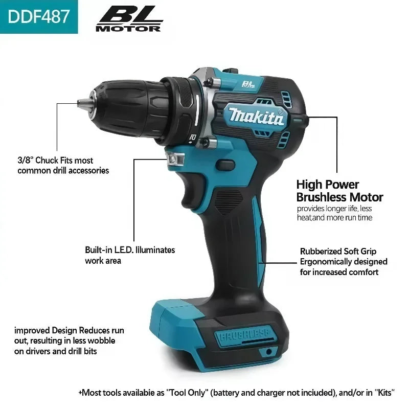 Makita DDF487 10mm Brushless 18V 3.0Ah Li-ion Cordless Drill, High Torque Electric Screwdriver With Makita 18V Battery