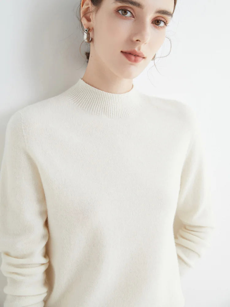 First-Line Seamless Women's Half-Turtleneck 100% Pure Wool Sweater Solid Color Long Sleeve Pullover Knitted Bottoming Sweater