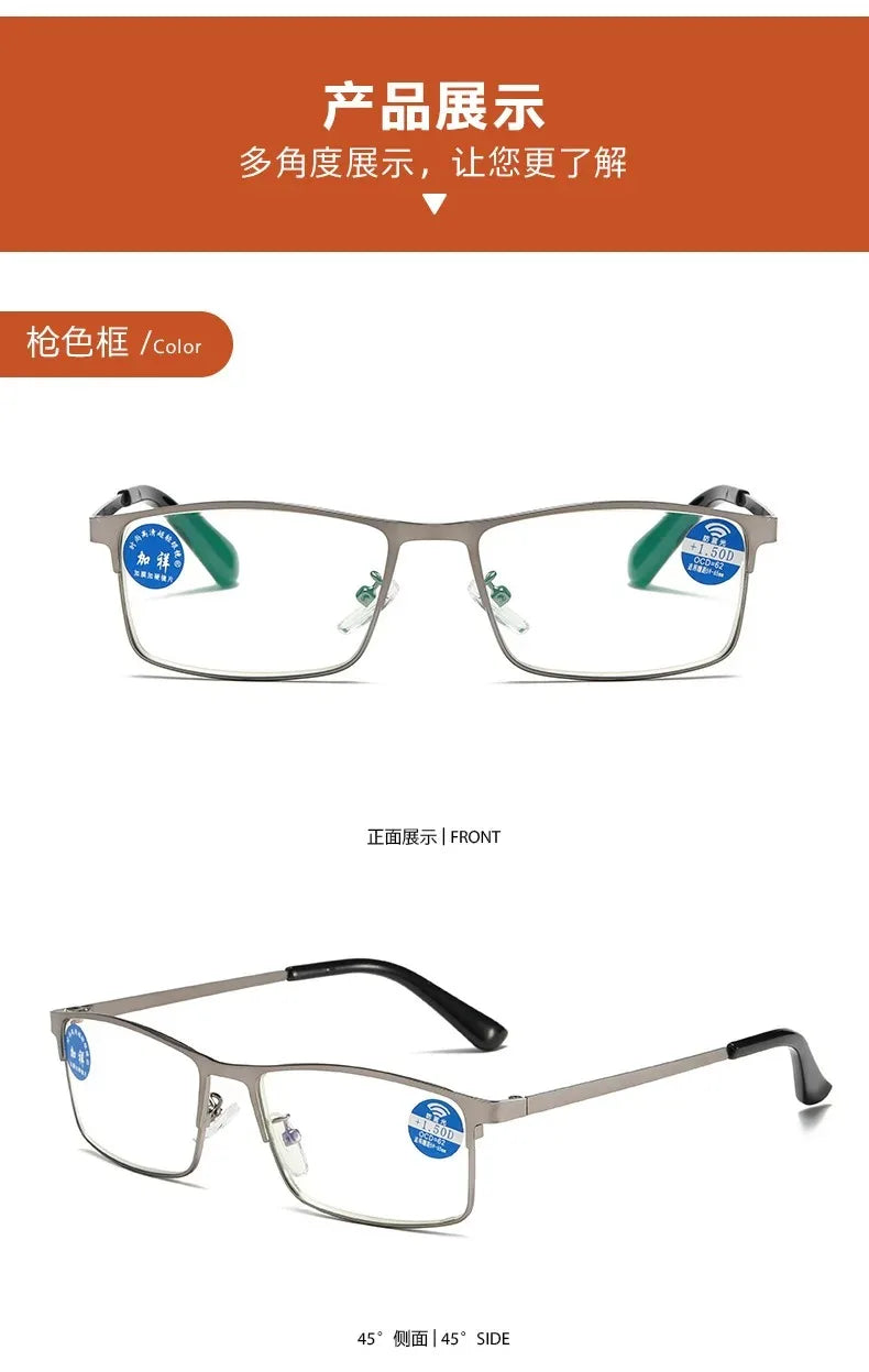 Stainless Steel Men Business Reading Glasses for Reader Mens Blue Light Blocking Presbyopia Optical Eyeglasses +1.0 1.5 2.0 2.5