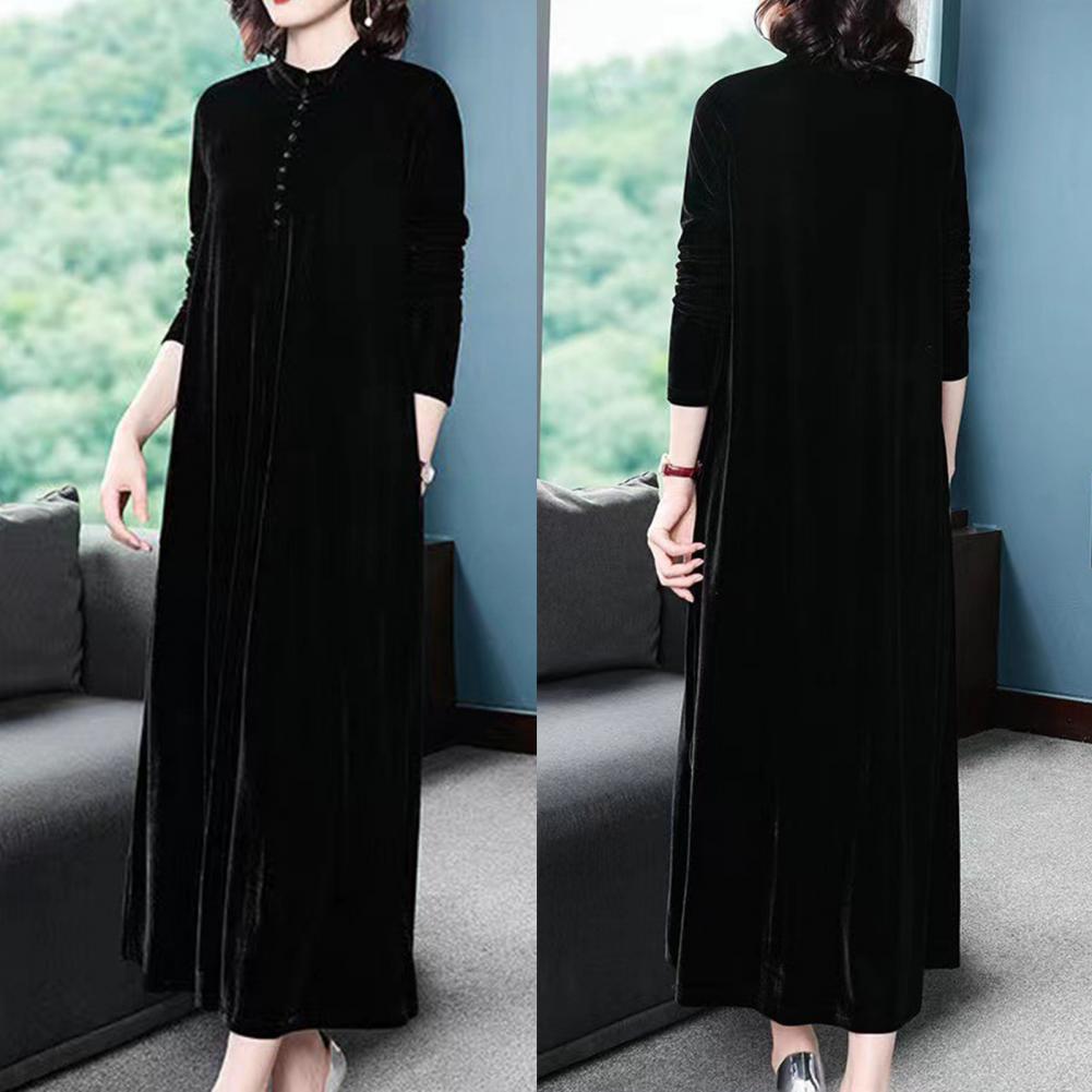 Women Fall Dress Solid Color Loose Long Sleeves Button Maxi Dress Keep Warm Velvet Mom Spring Dress Women Clothes
