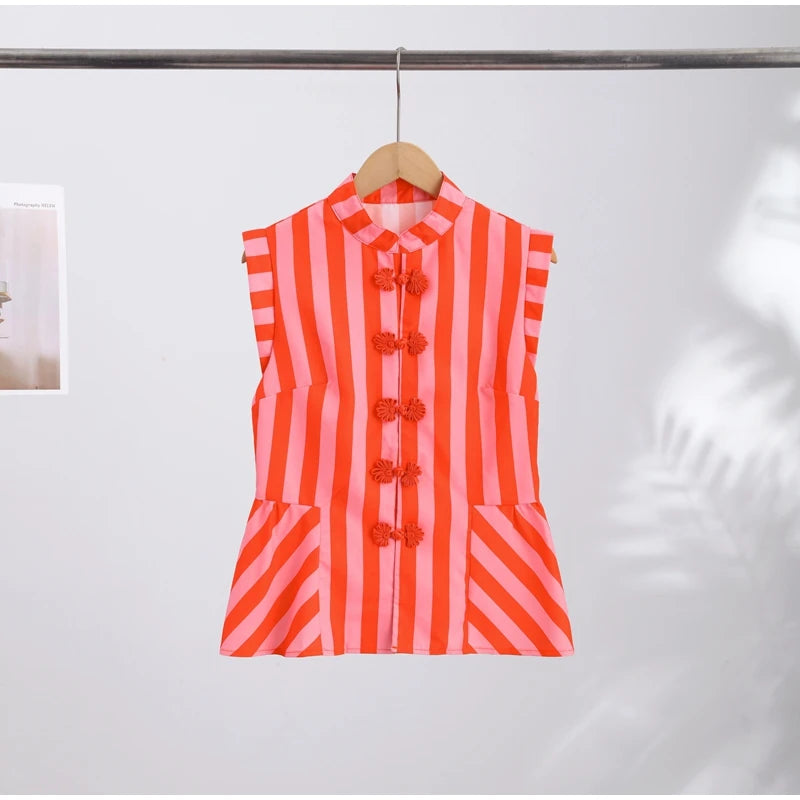 Striped Mandarin Collar Frog Button Ruffle Trim Top Striped Single‑breasted 2026 Summer Women Blouse Versatile Casual Lady Top